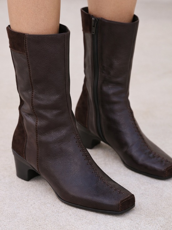 Paul Green Shoes - Paul Green Brown Leather Mid-Calf Boots | Square Toe & Side Zip | Size 6 Y2K